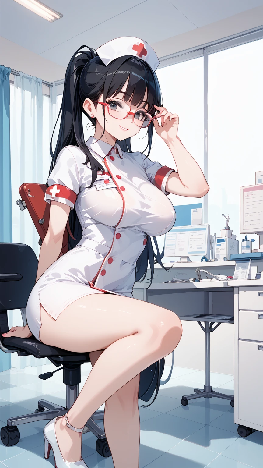 Black hair, glasses, nurse, a little scary