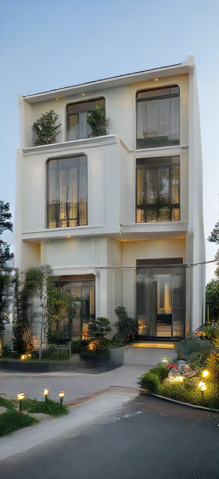 neo classical villa on street, (daylight), tropical tree, vivid colour, streetcapes, white tone, black detail, white wall, large glass door, warm interior lighting, best quality, masterpiece, ultra realistic