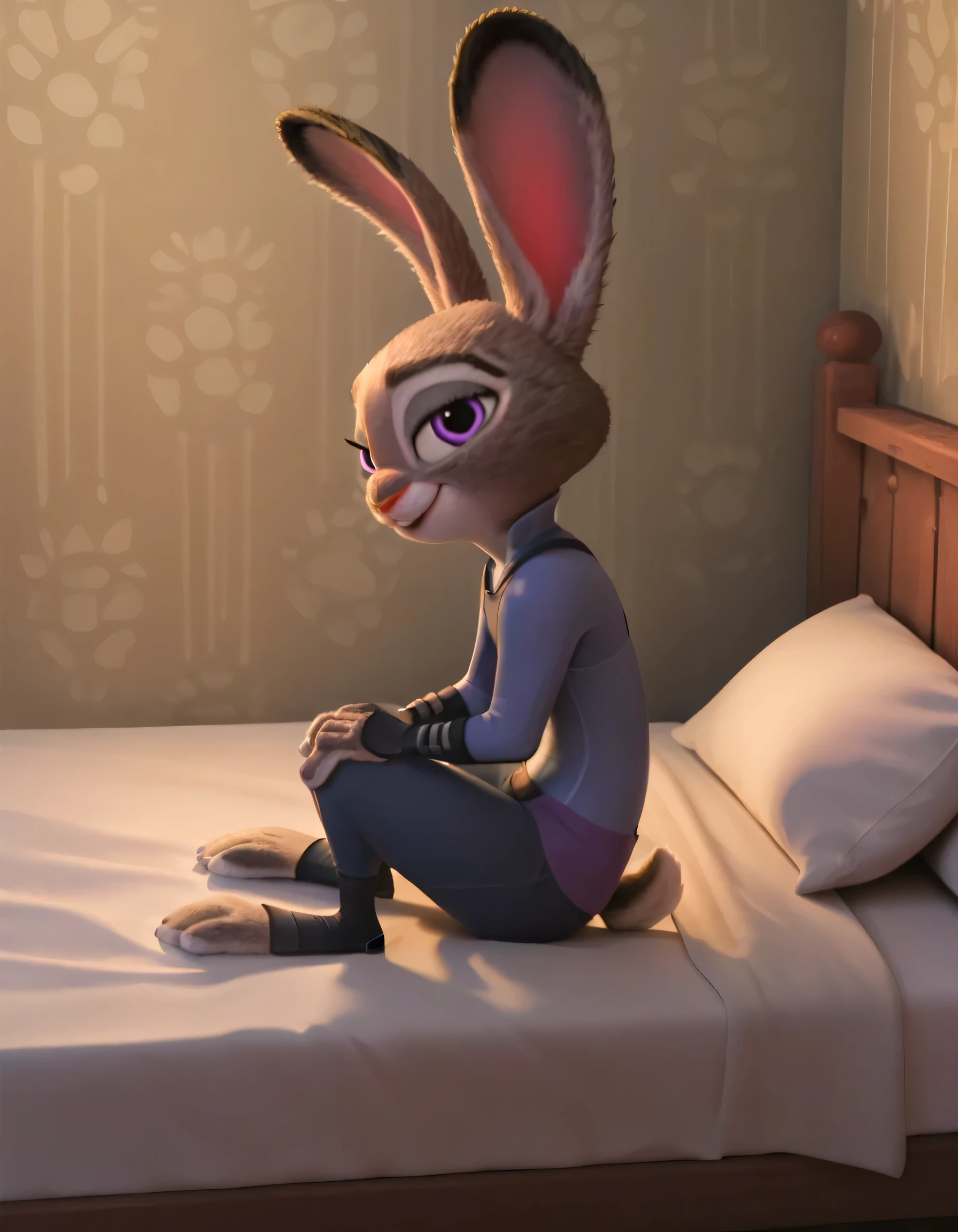 score_9, score_8_up, score_7_up, judyhopps, rating explicit, solo, grey fur, rabbit ears, purple eyes, implied nudity, Expressiveh, short, solo, Judy hopps on a bed, full body, smiling, blankets, half opened eyes, seductive, angle side on bed, looking at viewer, sitting on bed, ok side, from side, view from side, , evening, side view of the bed, lilandavastyle, judyhopps, bunny 