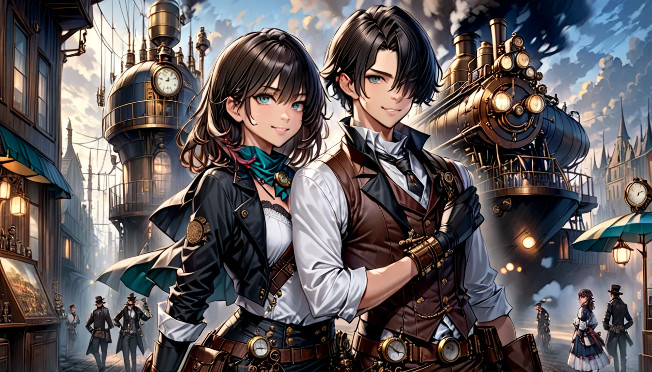  Steampunk  ,  a young gunman with dark hair in a blue costume"Asuka"and a beautiful woman in a white costume with black hair "Haruna"Buddy  , Watercolor ,  very detailed  , Precision , 4K