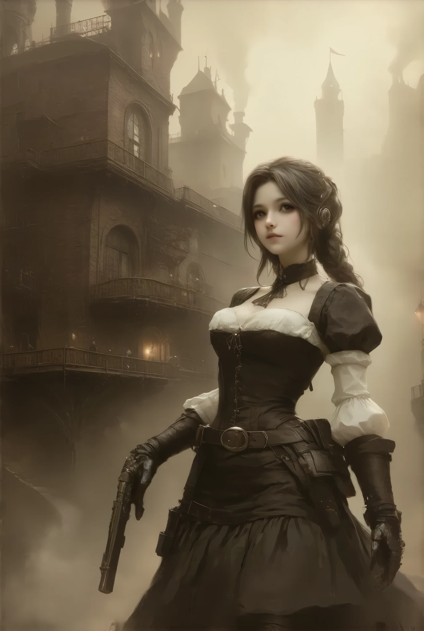 (:1.2), (steampunk style, Sepia nostalgic painting style:1.3)、(((masterpiece)))、((highest quality))、(super detailed)、(CG illustration)、(so beautiful ))、cinematic light、(((one young lady in steampunk style gear equiped dress, final fantasy VII Tifa))), (head gear, scope), ((large breasts:1.2), (huge breasts:1.2), (Uplifted and well-defined bust:1.2), (lifted chest:1.2), (perky breasts :1.2),(deep cleavage:1.4), 、  near future city,  brick building,  steampunk,  Rusty and heavy, Water vapor from the sewer , , Gear, riding mechanical bike,  skyscraper , Tower, Steam power, Steam pipe , Street lamp, ( Cinematic Lighting :0.8,  super detailed, bloom)