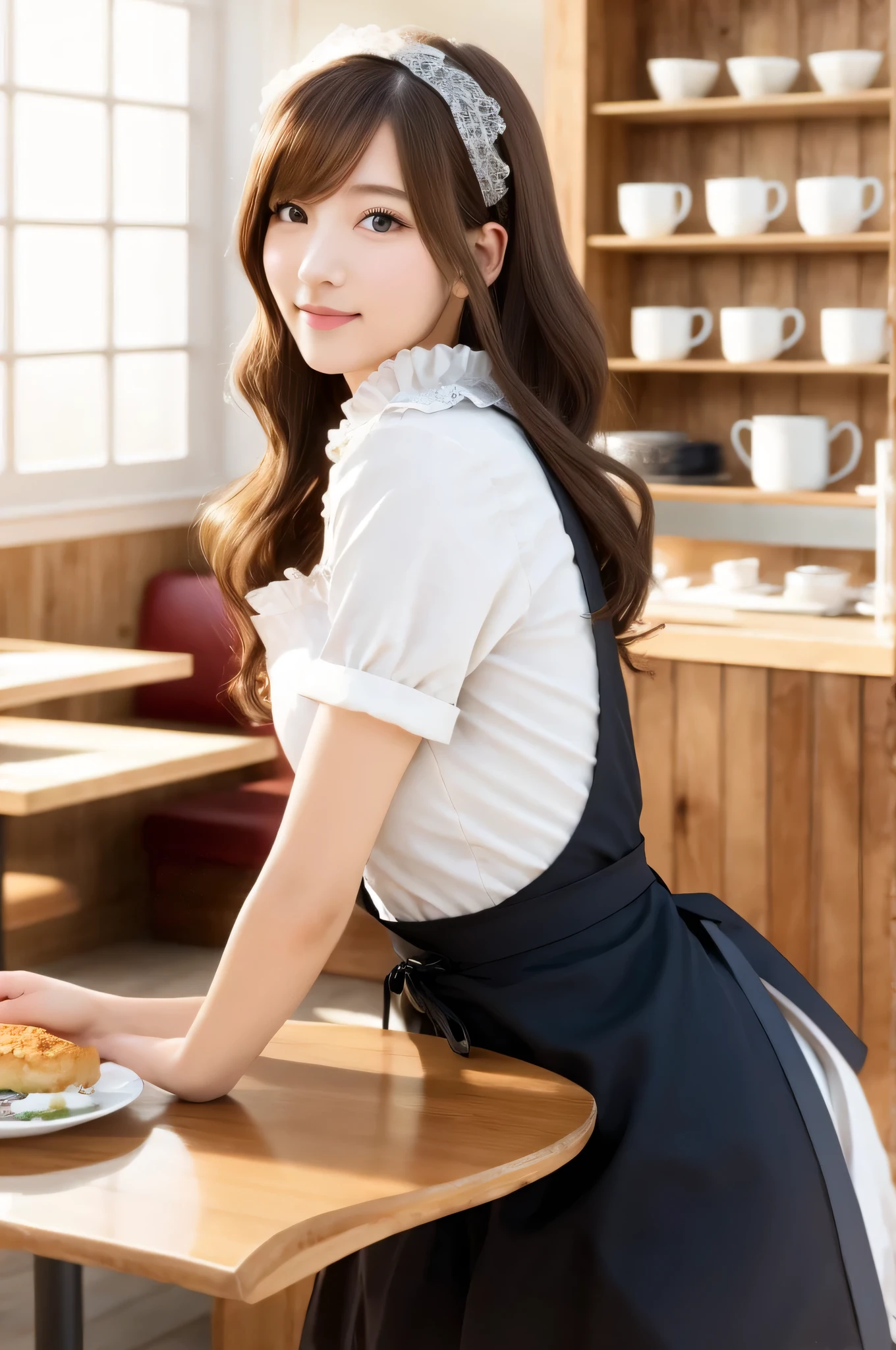 beautiful woman, maid cafe, maid uniform, upper body, smile, calm atmosphere, illustration, portrait, front view, soft focus, (ultra high quality:1.3), masterpiece, (high definition), HDR, 8K, photorealistic, detailed depiction, delicate shading, realistic style, shoujo manga style, soft anime style, European vintage, romantic atmosphere, black hair, long hair, hair accessories, frilly apron, white and black color scheme, lace details, cafe interior in the background, wooden furniture, warm lighting, soft light, warm-toned cafe lighting, soft shadows, depth of field, backlight, natural texture, warm tones, artistic finish, trending art, artistic impact