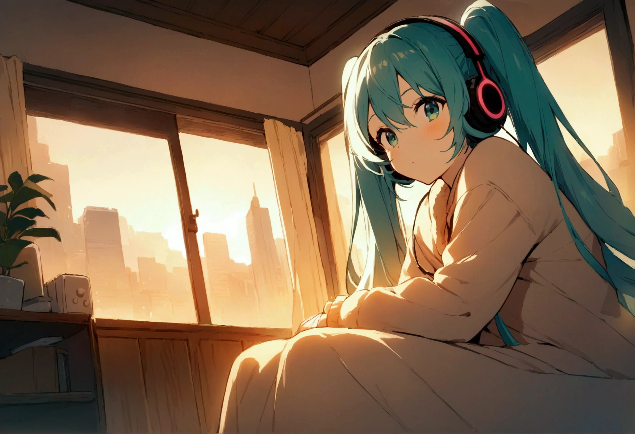 ((Best Quality)), (masterpiece), wide-angle view of a cozy, bright room during golden hour. Hatsune Miku sits by the window, wearing headphones, with teal twin tails and a serene expression. Warm sunlight streams through the window, casting a soft glow over the room. The space features simple yet inviting furniture, a few audio devices with subtle reflections, and a vibrant cityscape visible outside, creating a lively yet nostalgic mood.