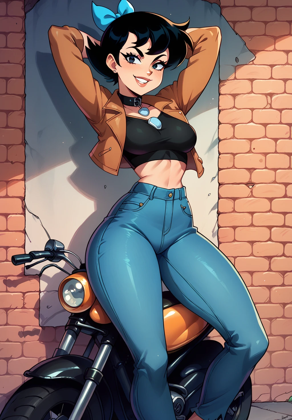  Betty Rubble (Flintstone),smile, light skin,  short black hair,  blue ribbon in hair , collar, wearing brown leather jacket ,black top,  tight low waist jeans,fingerless gloves,  medium breasts, ( hands behind your head)), narrow waist,   wide hips ,  thick thighs ,  looking at the spectator,  smile,Alone.,colorful,sitting on the motorcycle,moto vintage, Graffiti brick background, perfect anatomy,perfect pose 