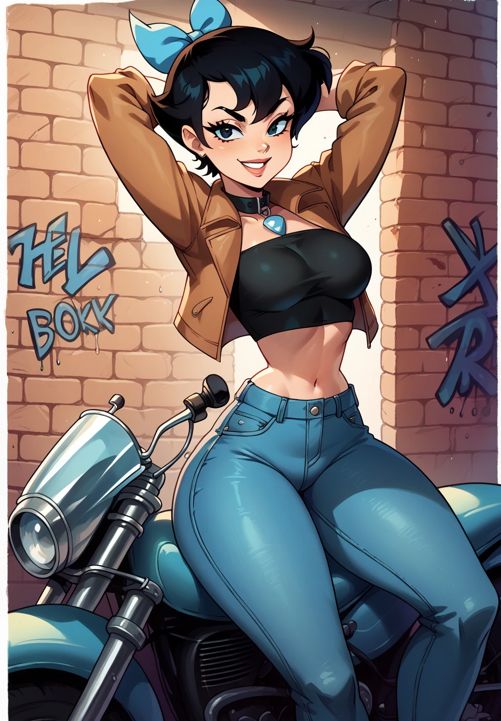  Betty Rubble (Flintstone),smile, light skin,  short black hair,  blue ribbon in hair , collar, wearing brown leather jacket ,black top,  tight low waist jeans,fingerless gloves,  medium breasts, ( hands behind your head)), narrow waist,   wide hips ,  thick thighs ,  looking at the spectator,  smile,Alone.,colorful,sitting on the motorcycle,moto vintage, Graffiti brick background, perfect anatomy,perfect pose 