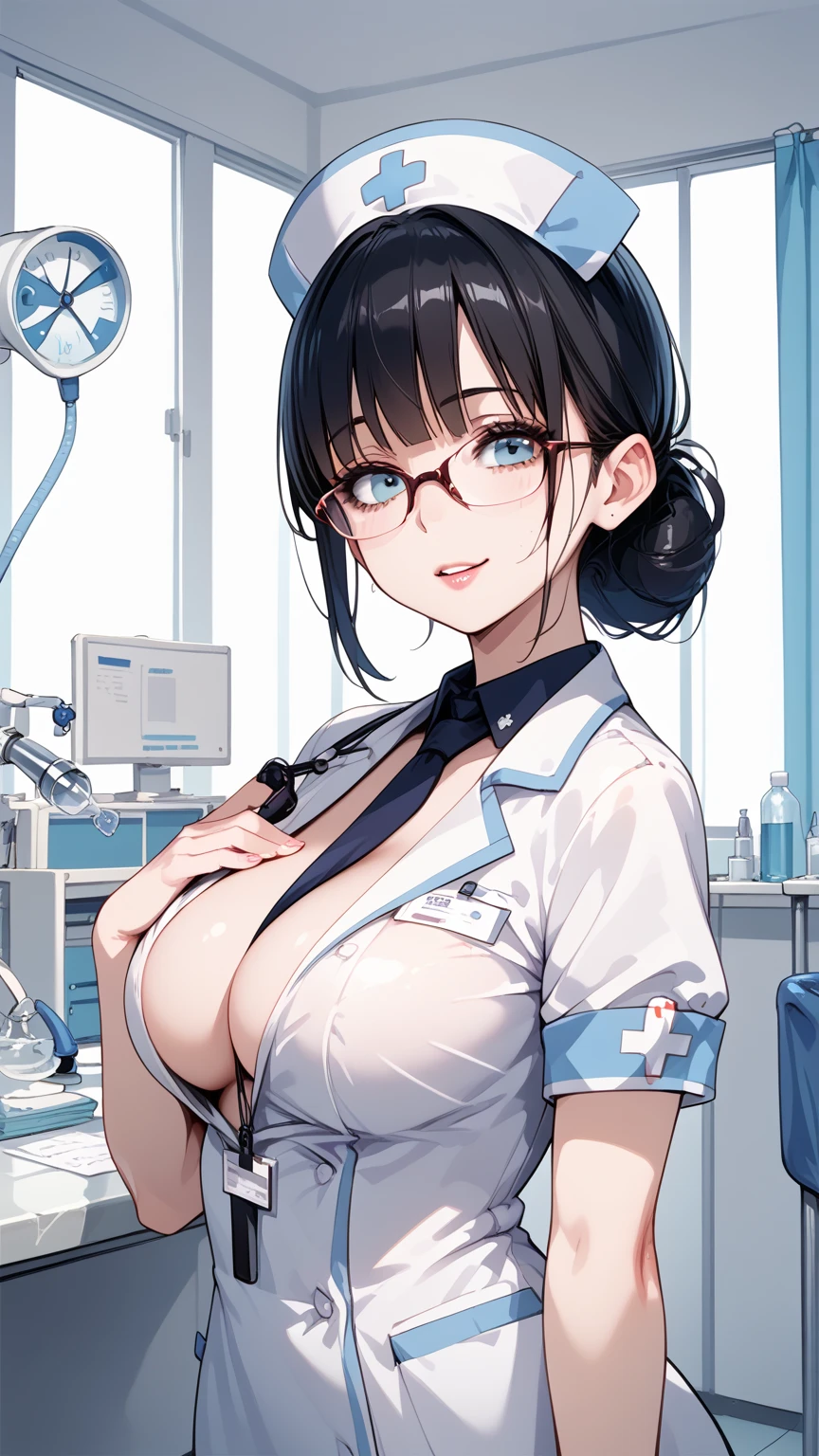 Black hair, glasses, nurse, scary