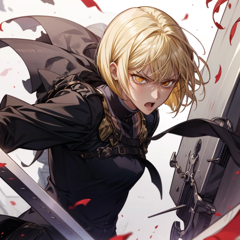    top quality,   Front View ,          looking at camera,        giant sword    ,         cold eyes,Solemn,(1 person),       Details,          short bob from behind     , whole body, 1 girl in uniform,  blonde hair , Golden Eyes,Angry Eyes, excited,tooth