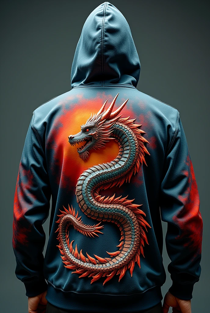 A Black hoodie and it has a picture of cool china dragon with neon lights . Hoodie's arms are also covered with neon fire picture
