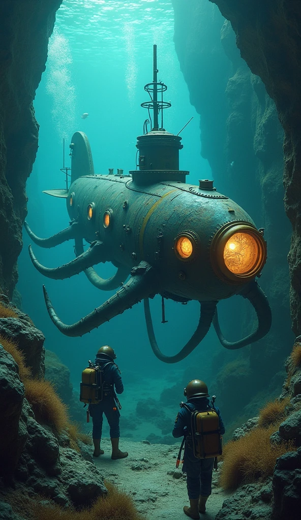 Depict a submarine in the shape of a giant squid made from iron and brass, exploring underwater ruins. Inside, explorers in diving suits fitted with intricate breathing apparatuses peer out of portholes at the marine life and submerged treasures