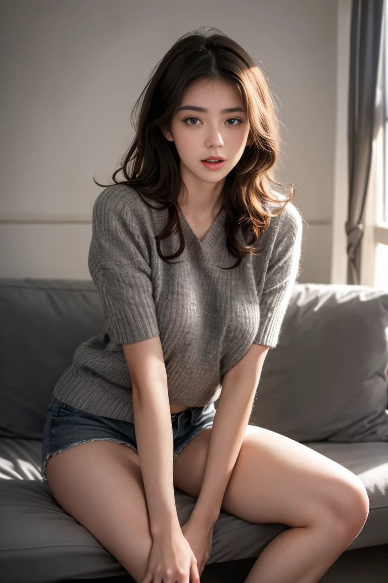 1girl,smirk,curly hair,nositting on a cozy couch,crossing legs,soft light,rejuvenation,retro,film grain,