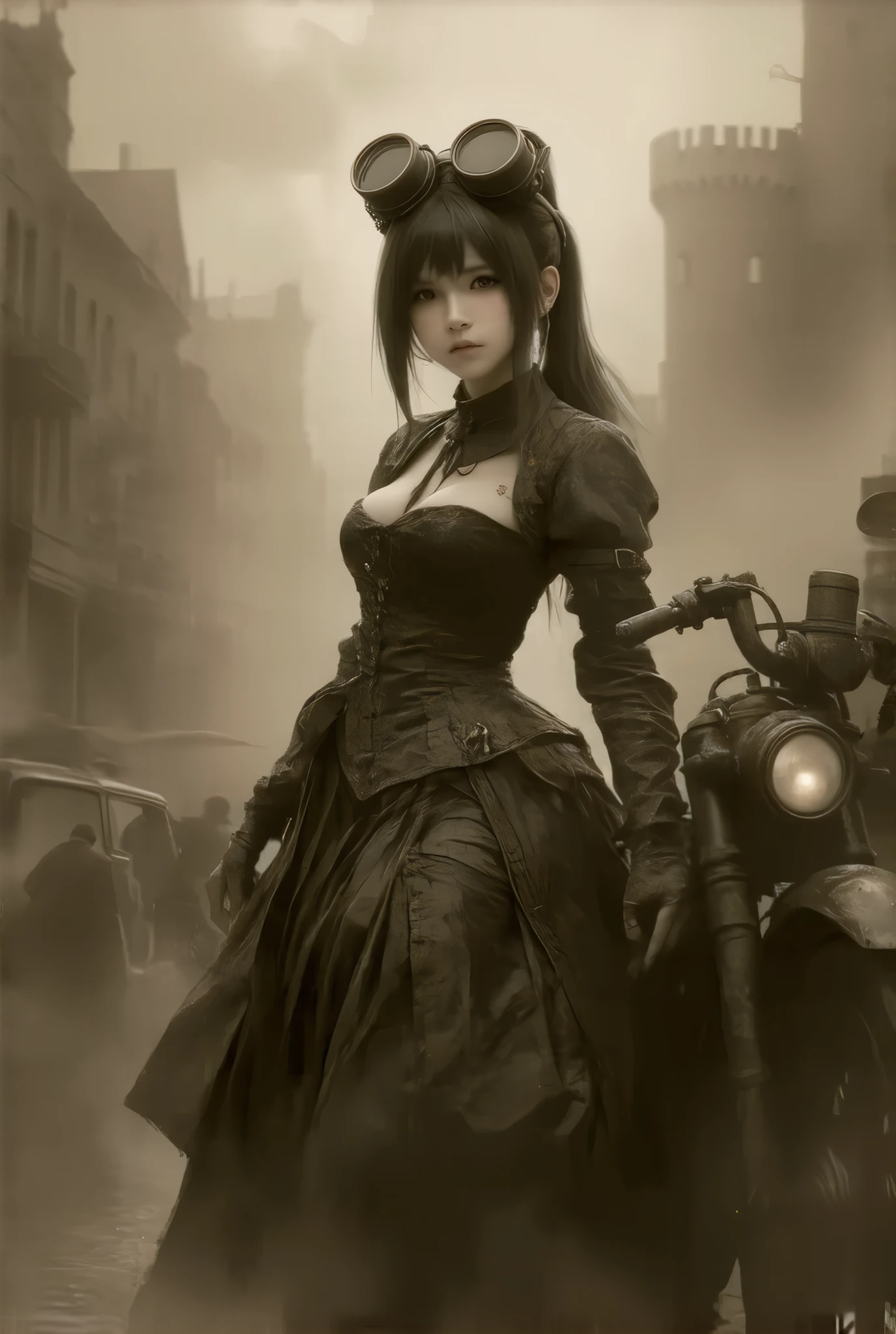 (:1.2), (steampunk style, Sepia nostalgic painting style:1.3)、(((masterpiece)))、((highest quality))、(super detailed)、(CG illustration)、(so beautiful ))、cinematic light、(((one young lady in steampunk style gear equiped dress, final fantasy VII Tifa))), (head gear, scope), ((large breasts:1.2), (huge breasts:1.2), (Uplifted and well-defined bust:1.2), (lifted chest:1.2), (perky breasts :1.2),(deep cleavage:1.4), 、  near future city,  brick building,  steampunk,  Rusty and heavy, Water vapor from the sewer , , Gear, riding mechanical bike,  skyscraper , Tower, Steam power, Steam pipe , Street lamp, ( Cinematic Lighting :0.8,  super detailed, bloom)