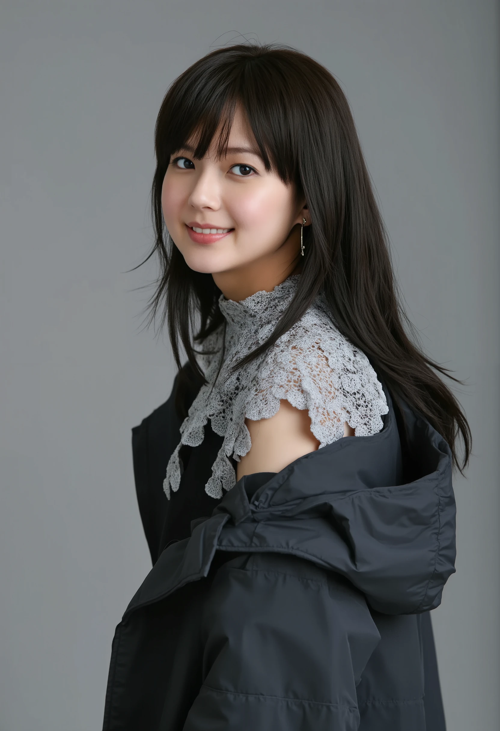 young Japanese woman、 Tabe Mikako、black hair、 ear piercing、 big smile when looking back、 beautiful alignment of teeth、 black down jacket、Gray background

