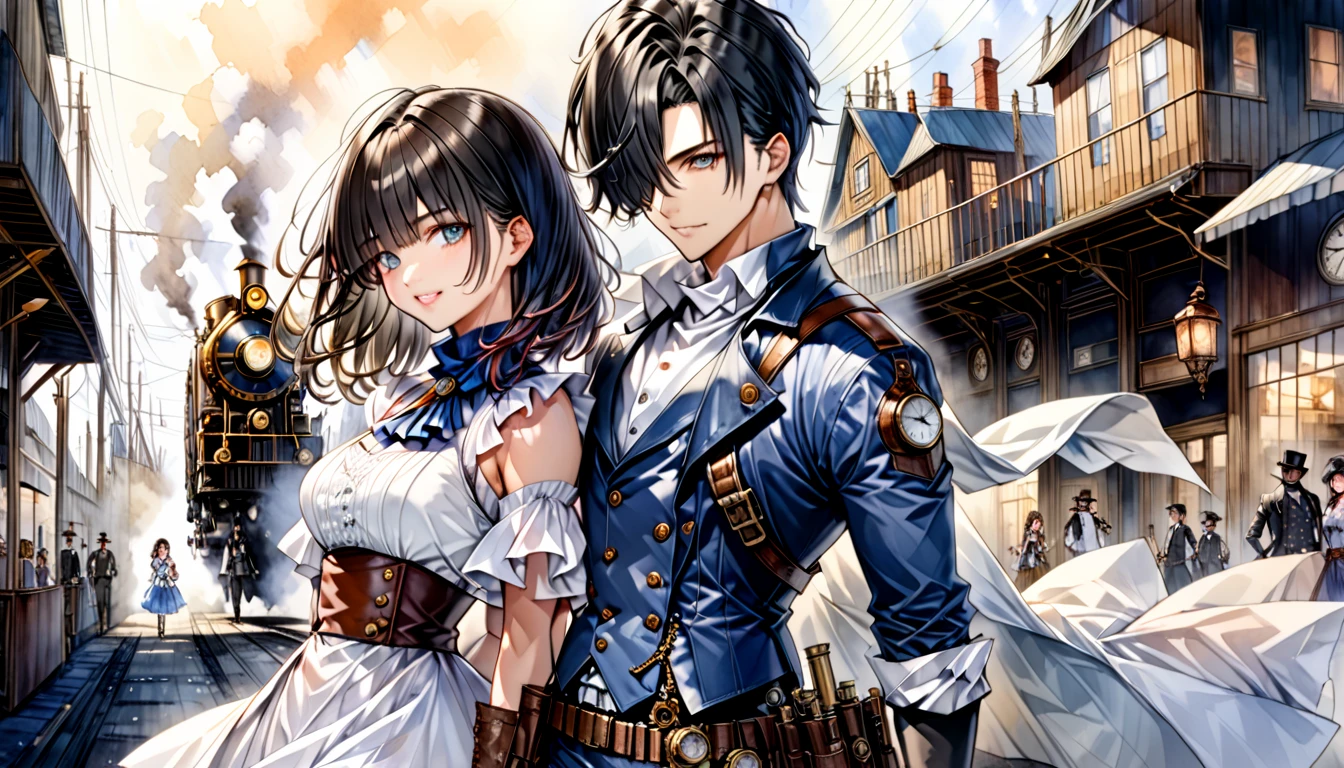  Steampunk  ,  a young gunman with dark hair in a blue costume"Asuka"and a beautiful woman in a white costume with black hair "Haruna"Buddy  , Watercolor ,  very detailed  , Precision , 4K