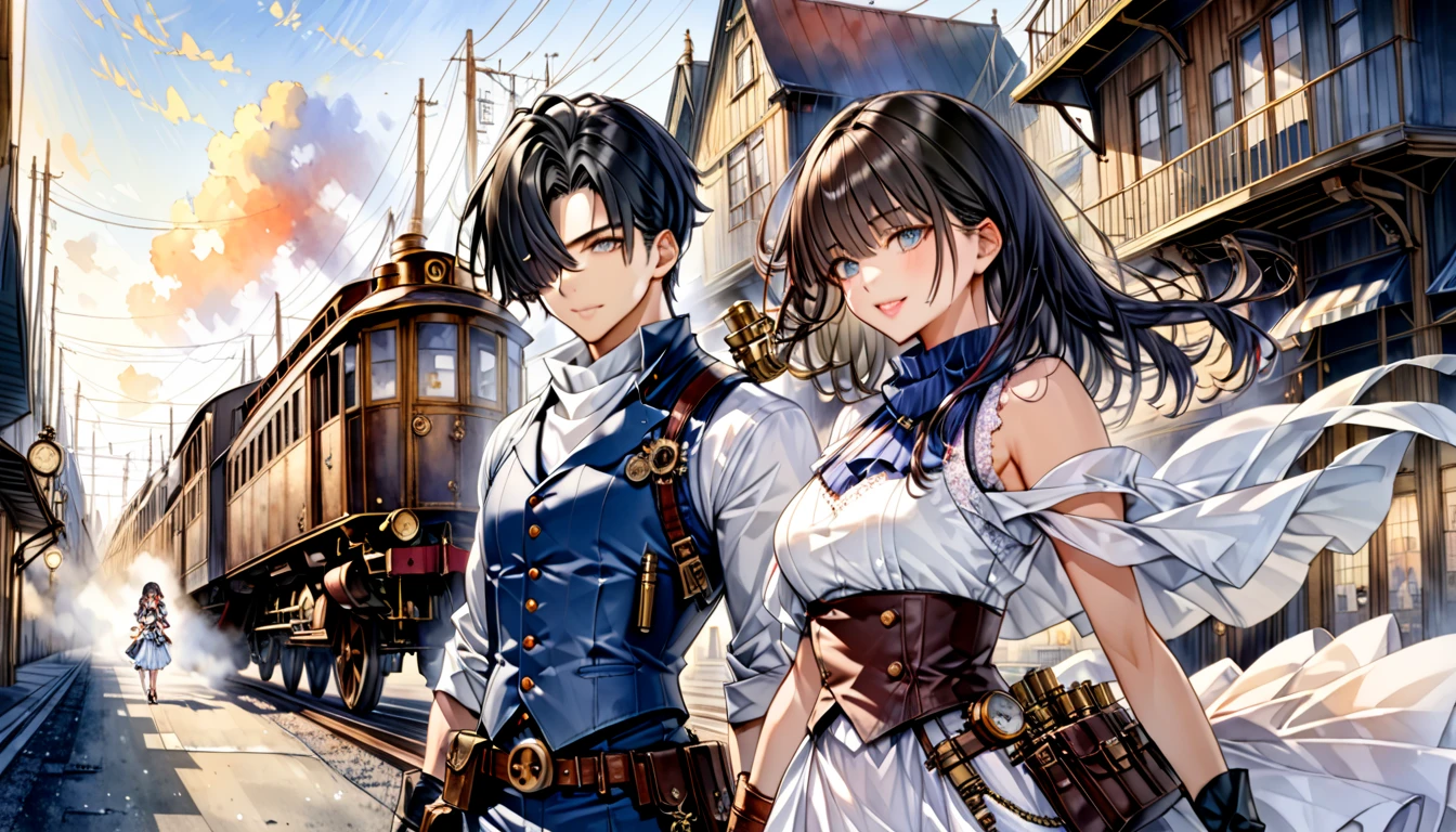  Steampunk  ,  a young gunman with dark hair in a blue costume"Asuka"and a beautiful woman in a white costume with black hair "Haruna"Buddy  , Watercolor ,  very detailed  , Precision , 4K