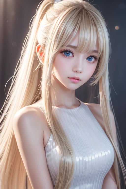Portrait、、Bright expression、ponytail、Younger, brighter, whiter skin、Best Looks、Blonde reflection、Platinum blonde hair with dazzling highlights、Shiny bright hair,、Super long, silky straight hair、Shiny beautiful bangs、Sparkling, clear, attractive big blue eyes、A very beautiful, lovely and cute 16 year old girl、Ample breasts