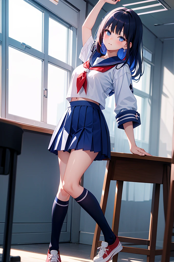 a cute solo boy ,trap,saori_bluearchive,eye makeup,shy ,embrassed ,cute red face,medium breast,wearing a japan sailor high-school uniform with a blue skirt ,bloomer pants, pants under skirt, overknee socks ,sneakers ,standing sexy pose in a classroom , full body portrait.