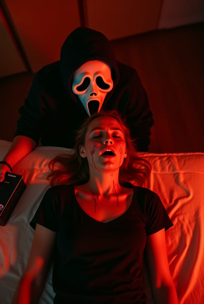 The image depicts a person wearing a "Ghostface" mask, often associated with the horror movie "Scream," holding another person by the chin while they lie on the floor. The setting is indoors with purple lighting, creating a somewhat eerie atmosphere. The person on the floor has long brown hair and is wearing a white t-shirt with text, and appears to be posing.
For the prompt, you could describe it as:
"A person dressed as Ghostface from the 'Scream' movie series is kneeling behind another person who is lying on the floor, with their chin held in a firm grip. The scene is illuminated by purple lighting, adding a sinister vibe to the setting."