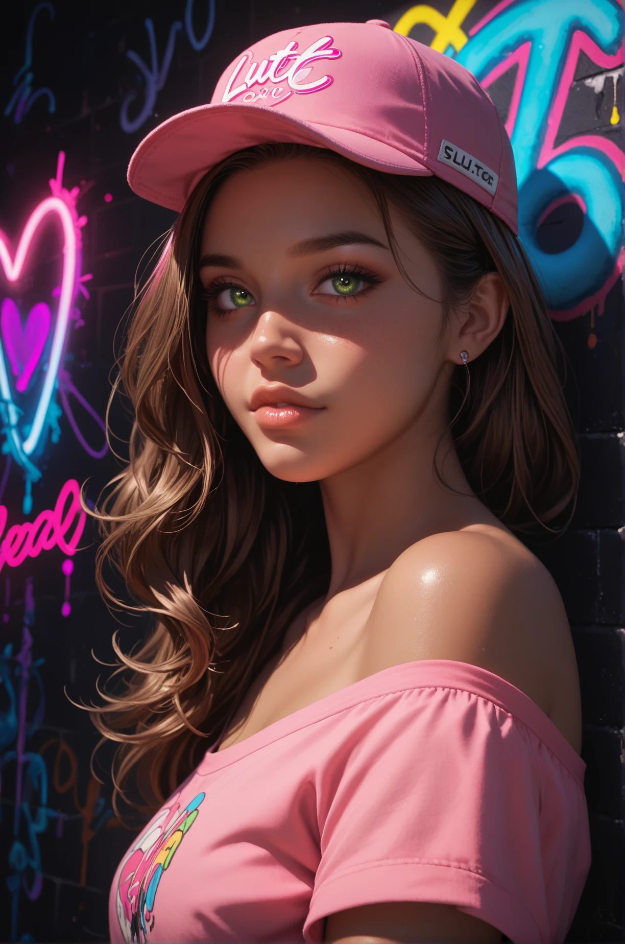 score_9, score_8_up, score_7_up, cartoon of a girl, solo, sexy, slutty, brown skin, hazel green eyes, brown hair, straight hair, pink cap, pink off-shoulder shirt, neon lighting, neon light reflections on skin, neon graffiti, colorful graffiti, dark, black wall background