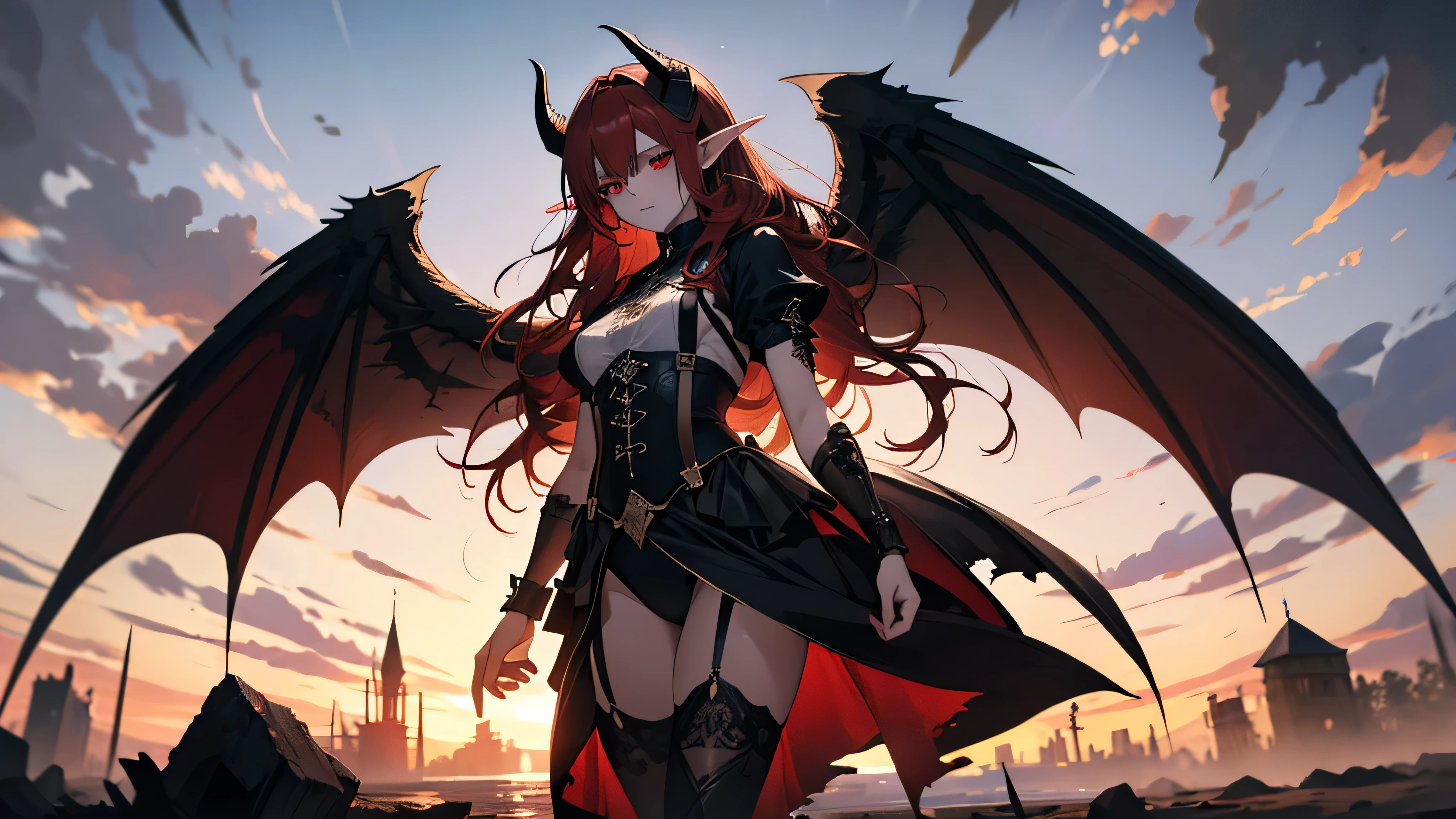 (masterpiece, high quality, highly detailed, anime style) 
Demon woman, 30s, goat-like horns, long red hair, red eyes, fair skin, small pointed elf ears, beautiful curves, intricate tattoos. Large tattered fallen angel wings. Revealing black medieval-style clothing with black stockings and suspenders. Stands in a crumbling castle after battle, showing fatigue and injuries. Dramatic pose with arms open. Dark tones, dramatic lighting, twilight or dawn sky.