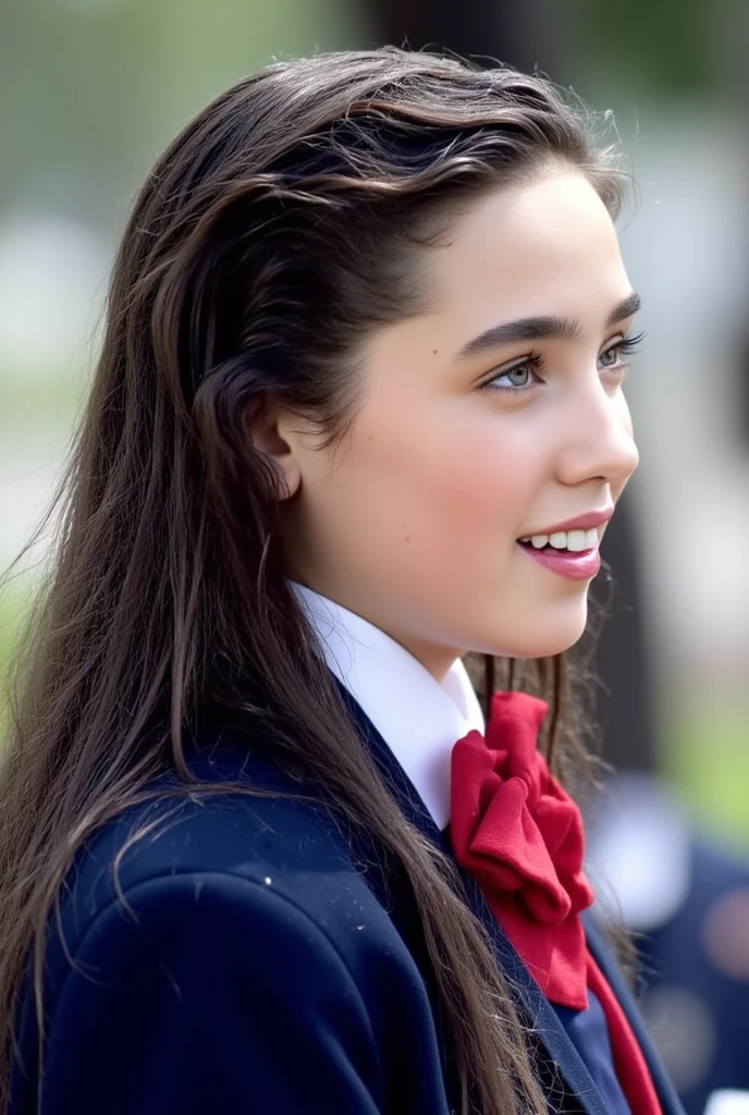 (very realistic photography),(masterpiece, best quality:1.3), 1girl, (alone), from just her side, her beautiful profile,
((young Jennifer Connelly)),(at age 15),
from the top of her head to her waist,
she wear in tidy dark blue high school blazer uniform and immaculate shirt with blilliant red bow tie.,
with cute face with plump cheeks,
wet eyes, 
scooped nose arched high with a turned-up tip,
no make up,
wet hair, 
flawless healthy youthful fresh succulent fine smooth oily white skin,
with precocious female body with precociously large blreasts and broad wide shoulders, 
a bit wet shiny long dark hair fluttering,
smiling naughtily to someone,
She is in sunny outdoor under with bright natural light illuminating on her face,