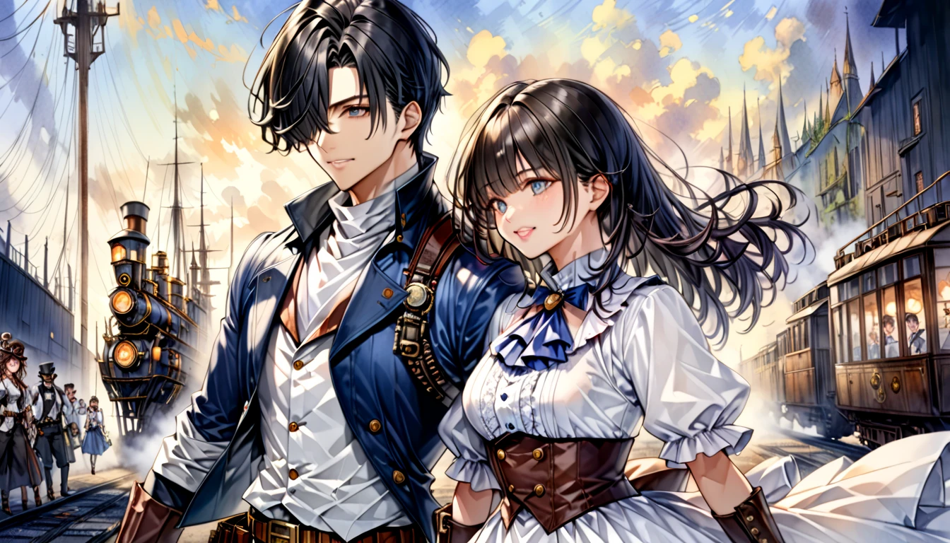  Steampunk  ,  a young gunman with dark hair in a blue costume"Asuka"and a beautiful woman in a white costume with black hair "Haruna"Buddy  , Watercolor ,  very detailed  , Precision , 4K