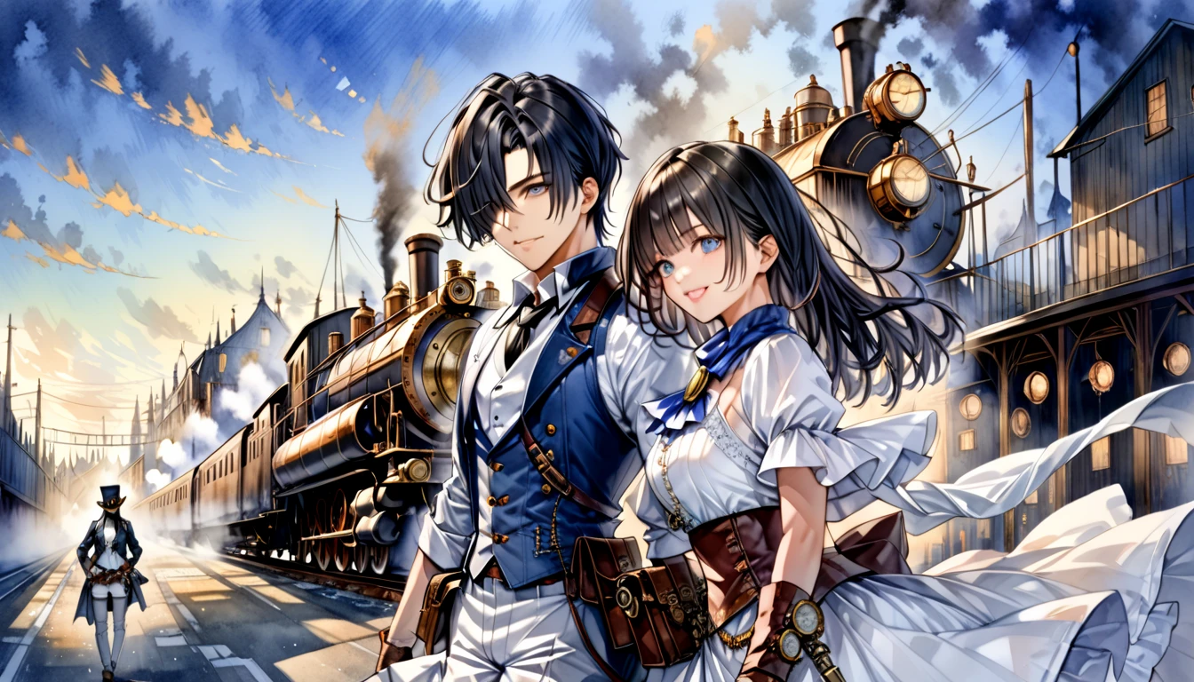  Steampunk  ,  a young gunman with dark hair in a blue costume"Asuka"and a beautiful woman in a white costume with black hair "Haruna"Buddy  , Watercolor ,  very detailed  , Precision , 4K