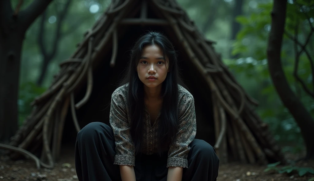 ((realistic photo)) A 19-year-old beautiful Indonesian woman with delicate facial features, crouching in front of a simple hut made of intertwined branches and leaves in the heart of a dense forest. She wears a patterned batik blouse and a long, worn-out black skirt, her attire reflecting modesty and resilience. The setting is at night, with the surroundings shrouded in darkness, faintly illuminated by dim moonlight filtering through the dense foliage. Her face is clearly visible and rendered with realistic detail, showing subtle expressions of calm and contemplation. Camera angle: medium shot, front view, focusing on her posture and the intricate textures of her face and clothing. Lighting: soft natural moonlight with low-key shadows creating depth. Rendered in (((8K resolution))), (((ultra-realistic skin details))), HDR quality, with sharp focus and high contrast.