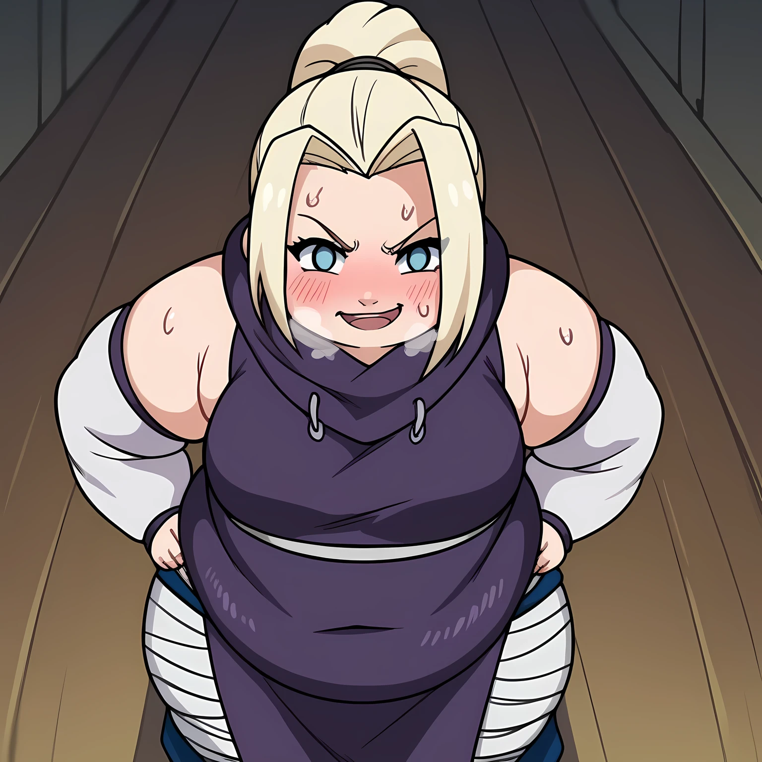 score_9, score_8_up, score_7_up, source_anime, ino yamanaka, long hair, blonde hair, ponytail, high ponytail, blue eyes,, bare shoulders, detached sleeves, bandages, bandaged leg, sleeveless, hoodie, hood down, crop top, purple crop top, pelvic curtain, detached sleeves,, indoors, smug, smile, looking at viewer, solo, hands on hips,, cowboy shot, dutch angle swollen face, fat, chubby, obese, open mouth, out of breath, absurdres, highres icon, rating:General, confused, blush, {flustered}, nervous sweating, portrait, pov hands, hand on another's cheek, averting eyes, [looking away], straight-on, from above,  upper body, masterpiece, best quality, ultra-detailed, high resolution, 8K, 