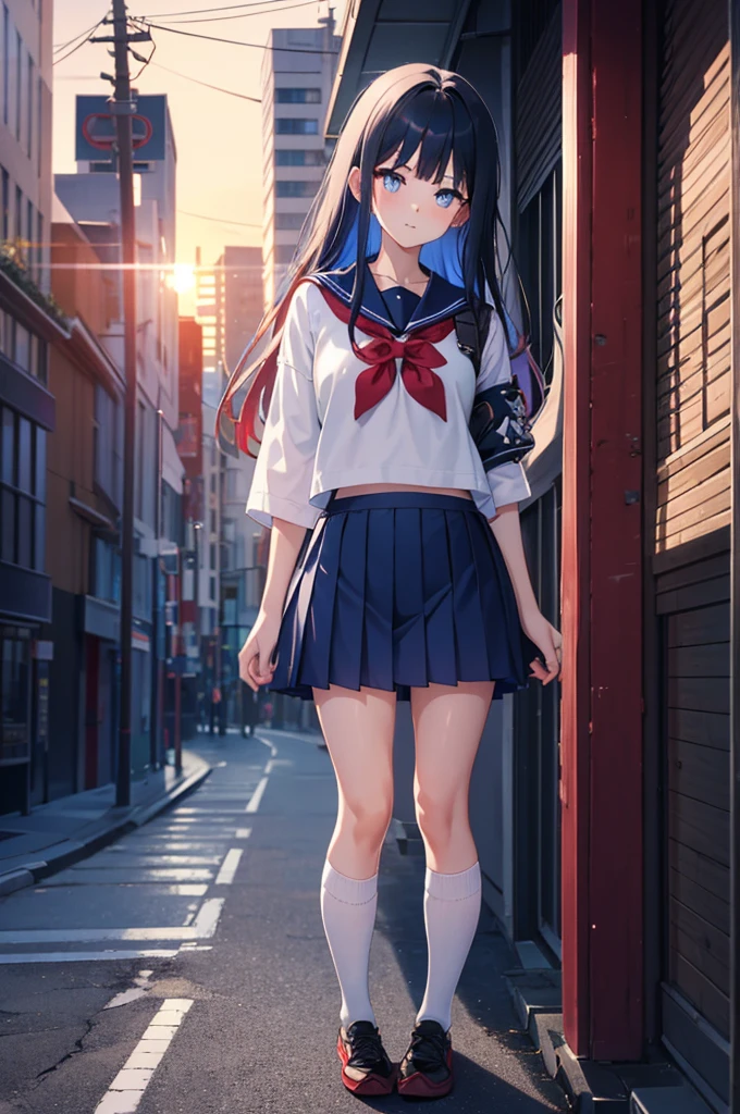 a cute solo boy ,trap,saori_bluearchive,eye makeup,shy ,embrassed ,cute red face,medium breast,wearing a japan sailor high-school uniform with a blue skirt , black short pants, short pants under skirt, overknee socks ,sneakers ,standing sexy pose in a city at sunrise time , full body portrait.