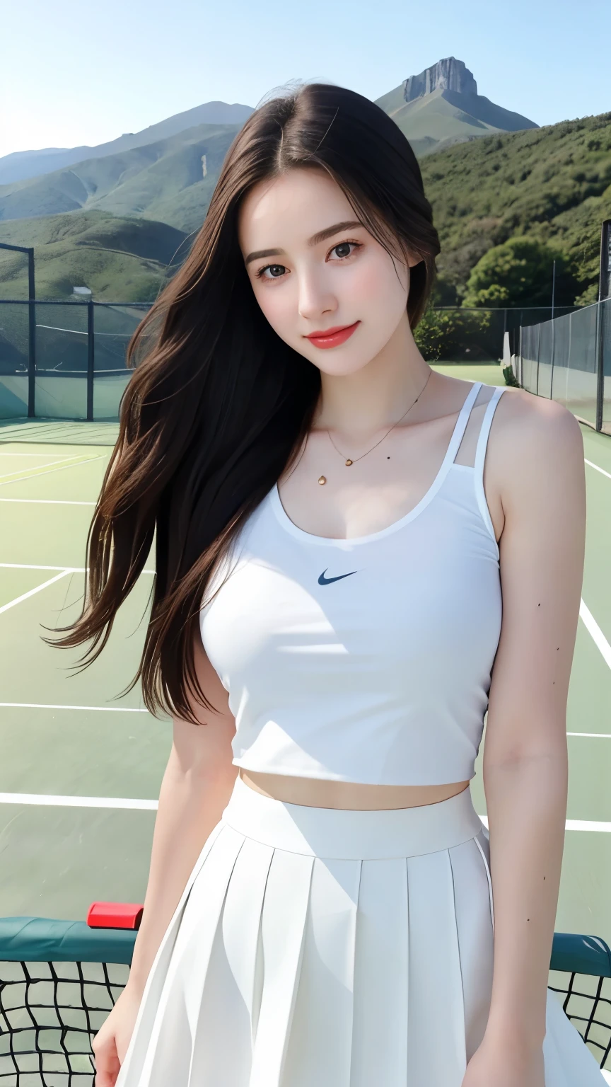 ((best quality)), photorealistic, photorealism, Photorealistic, high resolution, 1girl Beautiful, Baby Face, 20 Years Old, White Skin, pale skin, looking at the camera, (Detailed face), sexy body, ocean waves in background with a mountain in the far view."In this captivating still from an alternate reality film, a poised modern stands in tennis court, her pale complexion glowing softly. She gazes confidently at the viewer with a gentle smile. Dressed in modern-style tennis suite holding racket with white sleeveless shirt and skirt—her elegance is enhanced by stylish glasses. Bathed in soft natural light, she lifts both hands behind her head, gracefully tying her hair into a sleek ponytail, exuding calm authority