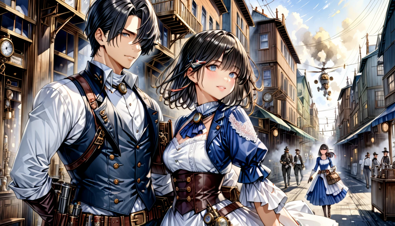  Steampunk  ,  a young gunman with dark hair in a blue costume"Asuka"and a beautiful woman in a white costume with black hair "Haruna"Buddy  , Watercolor ,  very detailed  , Precision , 4K