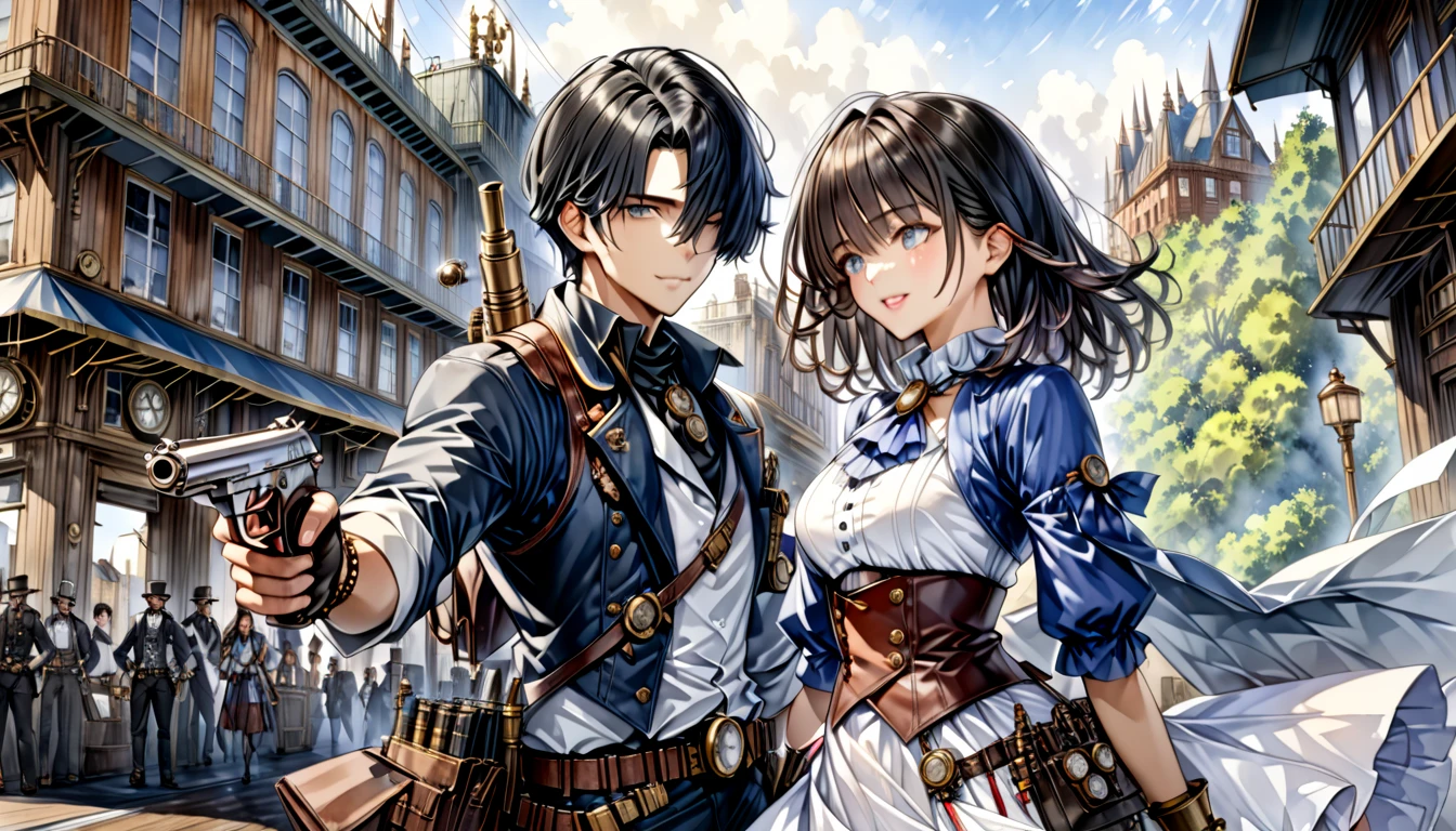  Steampunk  ,  a young gunman with dark hair in a blue costume"Asuka"and a beautiful woman in a white costume with black hair "Haruna"Buddy  , Watercolor ,  very detailed  , Precision , 4K