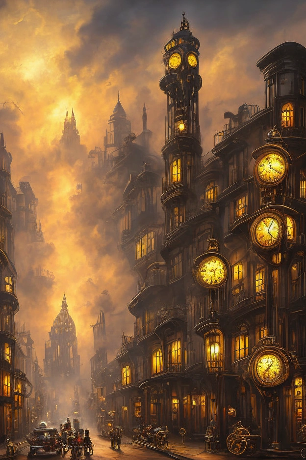 A bustling steampunk cityscape at dusk, featuring intricate Victorian-style architecture with towering brass and copper buildings adorned with gears and pipes. Airships and zeppelins fill the sky, gliding through the clouds. The streets below are illuminated by glowing gas lamps, and people in elegant steampunk attire—goggles, top hats, corsets, and mechanical prosthetics—wander through the vibrant marketplace. A steam-powered clock tower looms in the background, surrounded by billowing smoke from chimneys. The scene is rich in detail, with a blend of warm bronze and golden hues contrasting against the cool blue evening sky.