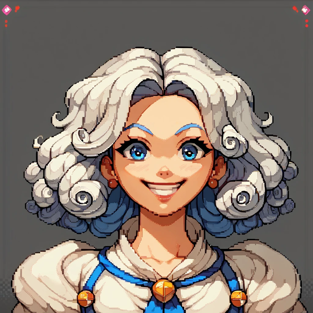  Young white-haired girl with two disheveled curls and light blue tips, a layer of strong blue color ,  a medieval fantasy style 8-bit game
Pixar ,  Pixel art , smile,  blue eyes , Multicolored hair pixel art , Retro Game 