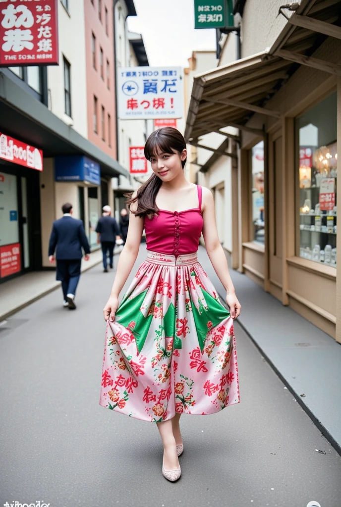  bright colors 、I'm rolling up a skirt with detailed 、Japanese shopping street、Dress like a gal、Brown Hair、 ponytail、 details