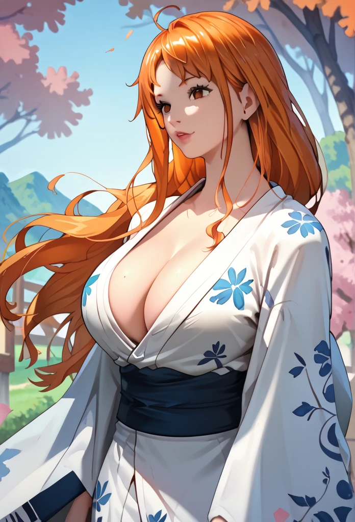 Nami, 1girl, solo, big breasts, cleavage, long hair, orange hair, japanese clothes, white kimono, hoari, sakura trees background, masterpiece, high quality, ultra details, perfect body, nice body, curvy, highly detailed