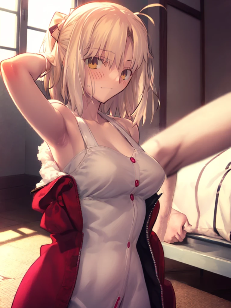 One girl、A little sexy、shiny blonde hair, Bobcut,Curly Hair、Dog ears、Red sparkling eyes、detailed cute eyes,(glowing eyes:1.4),laugh heartily,((Droopy eyes))、22 years old,nurse's outfit,posing,skinny body shape,short of a person,heart shaped pupils,smiling,open mouth,flushed cheeks,whitesmoke background color,looking at viewer,masterpiece, extremely fine and beautiful,masterpiece,
