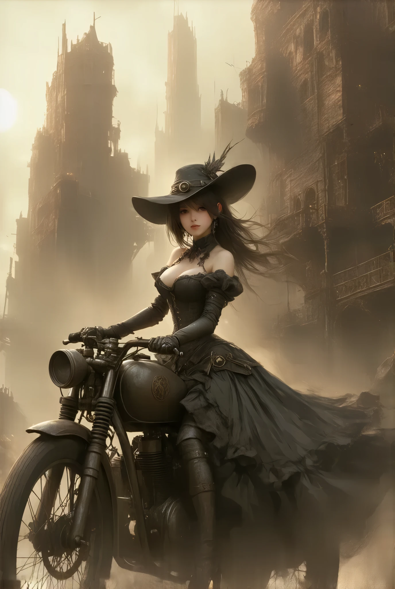 (:1.2), (steampunk style, Sepia nostalgic painting style:1.3)、(((masterpiece)))、((highest quality))、(super detailed)、(CG illustration)、(so beautiful ))、cinematic light、(((one young lady in steampunk style gear equiped dress, final fantasy VII Tifa Lockhart))), (hat with mechanical gear and scope), ((large breasts:1.2), (huge breasts:1.2), (Uplifted and well-defined bust:1.2), (lifted chest:1.2), (perky breasts :1.2),(deep cleavage:1.4), riding on mechanical bike、  near future city,  brick building,  steampunk,  Rusty and heavy, Water vapor from the sewer , , Gear,,  skyscraper , Tower, Steam power, Steam pipe , Street lamp, ( Cinematic Lighting :0.8,  super detailed, bloom)