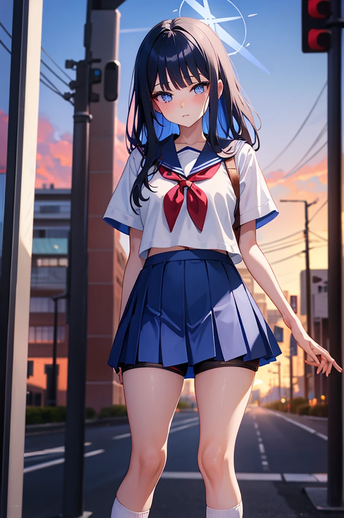 a cute solo boy ,trap,saori_bluearchive,eye makeup,shy ,embrassed ,cute red face,medium breast,wearing a japan sailor high-school uniform with a blue skirt ,bike shorts, shorts under skirt, overknee socks ,sneakers ,standing sexy pose on the street in a city at sunrise time , full body portrait.