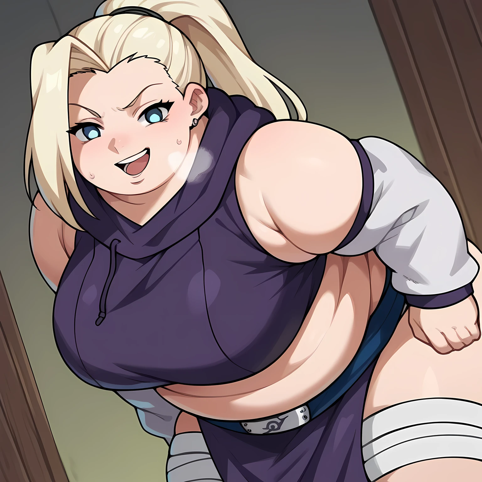 score_9, score_8_up, score_7_up, source_anime, ino yamanaka, long hair, blonde hair, ponytail, high ponytail, blue eyes,, bare shoulders, detached sleeves, bandages, bandaged leg, sleeveless, hoodie, hood down, crop top, purple crop top, pelvic curtain, detached sleeves,, indoors, bent over, smile, smug, looking at viewer, solo,, cowboy shot, dutch angle fat, chubby, obese, gigantic arms and legs, large breasts open mouth, out of breath 