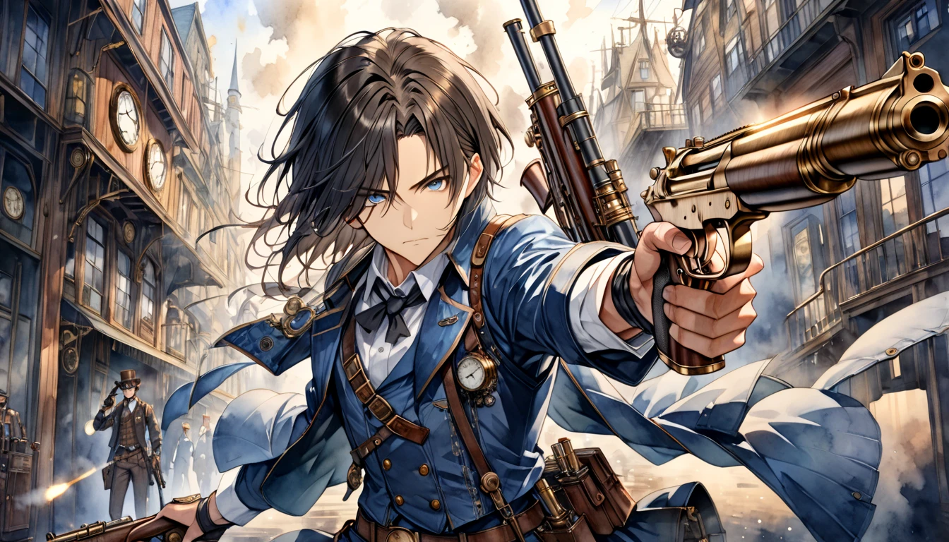  Steampunk  ,  a young gunman with dark hair in a blue costume"Asuka"and a beautiful woman in a white costume with black hair "Haruna"Buddy  , Watercolor ,  very detailed  , Precision , 4K