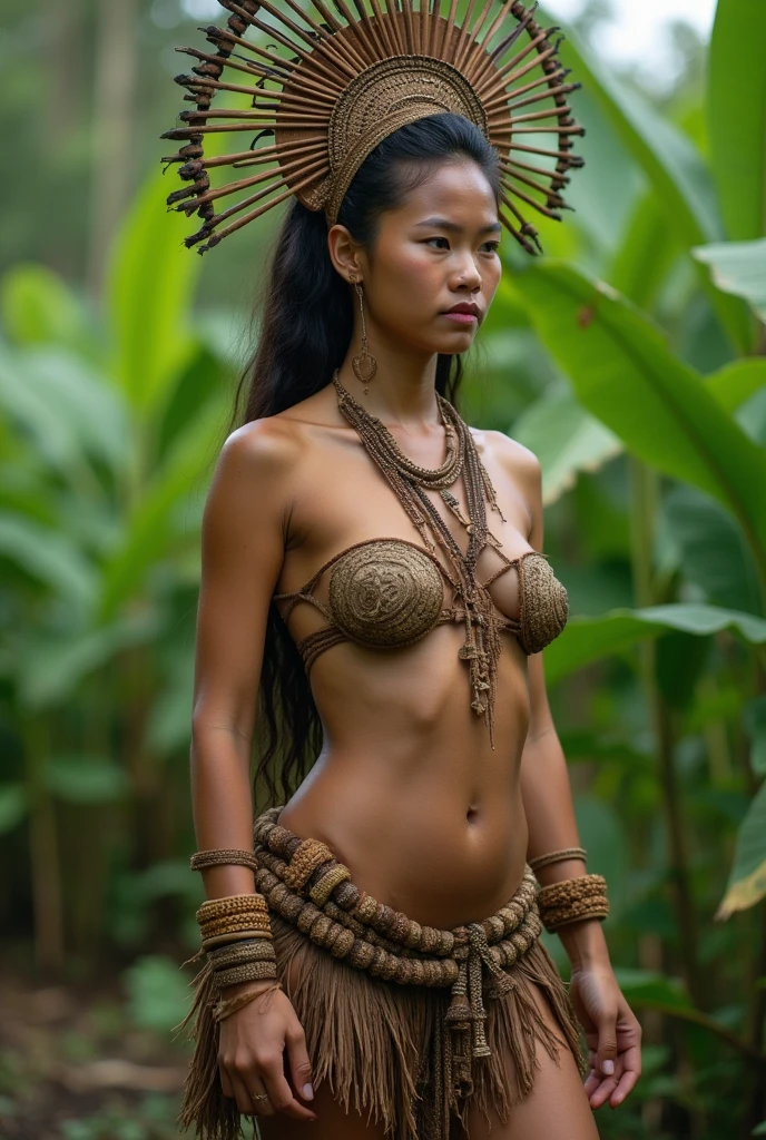 "I want an image where a girl is alone in a jungle, and there are many ghosts in front of her."