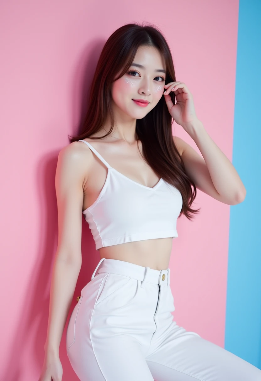 ((Best image quality)、Korean 20 years old、In a private luxury villa, NFSW, high resolution, Natural and smooth implementation, head and body balance、Perfect 바디 뷰티:1.4、slim、thin legs、((dark brown hair、very small breasts:1.2))、, Highly detailed face and skin textures、eye for detail、shy smile、Perfect 、with legs spread, lighting areola、Aiming to become a gravure idol、An angle slightly lower than the front、top quality、reality、open crotch、cute appearance、small ass、K-pop makeup、embarrassed expression、thin waist, White and clear skin, cute belly fat, chubby, Narrow pelvis, hairstyle for long hair, wet, natural implementation, one piece, clear and bright weather, bed, Temptation