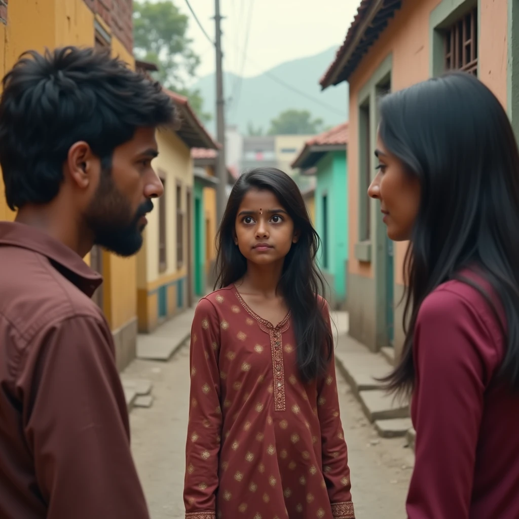 Make a photo in which a 5 year old Indian girl is crying and trying to get her parents to agree to her request and it should be a serious scene.