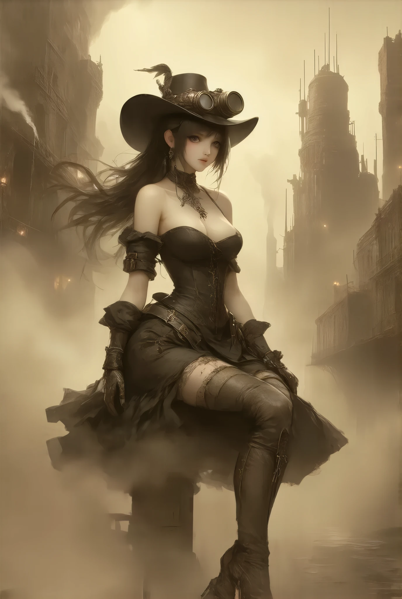 (:1.2), (steampunk style, Sepia nostalgic painting style:1.3)、(((masterpiece)))、((highest quality))、(super detailed)、(CG illustration)、(so beautiful ))、cinematic light、(((one young lady in steampunk style gear equiped dress, final fantasy VII Tifa))), (head gear, scope), ((large breasts:1.2), (huge breasts:1.2), (Uplifted and well-defined bust:1.2), (lifted chest:1.2), (perky breasts :1.2),(deep cleavage:1.4), 、  near future city,  brick building,  steampunk,  Rusty and heavy, Water vapor from the sewer , , Gear, riding mechanical bike,  skyscraper , Tower, Steam power, Steam pipe , Street lamp, ( Cinematic Lighting :0.8,  super detailed, bloom)