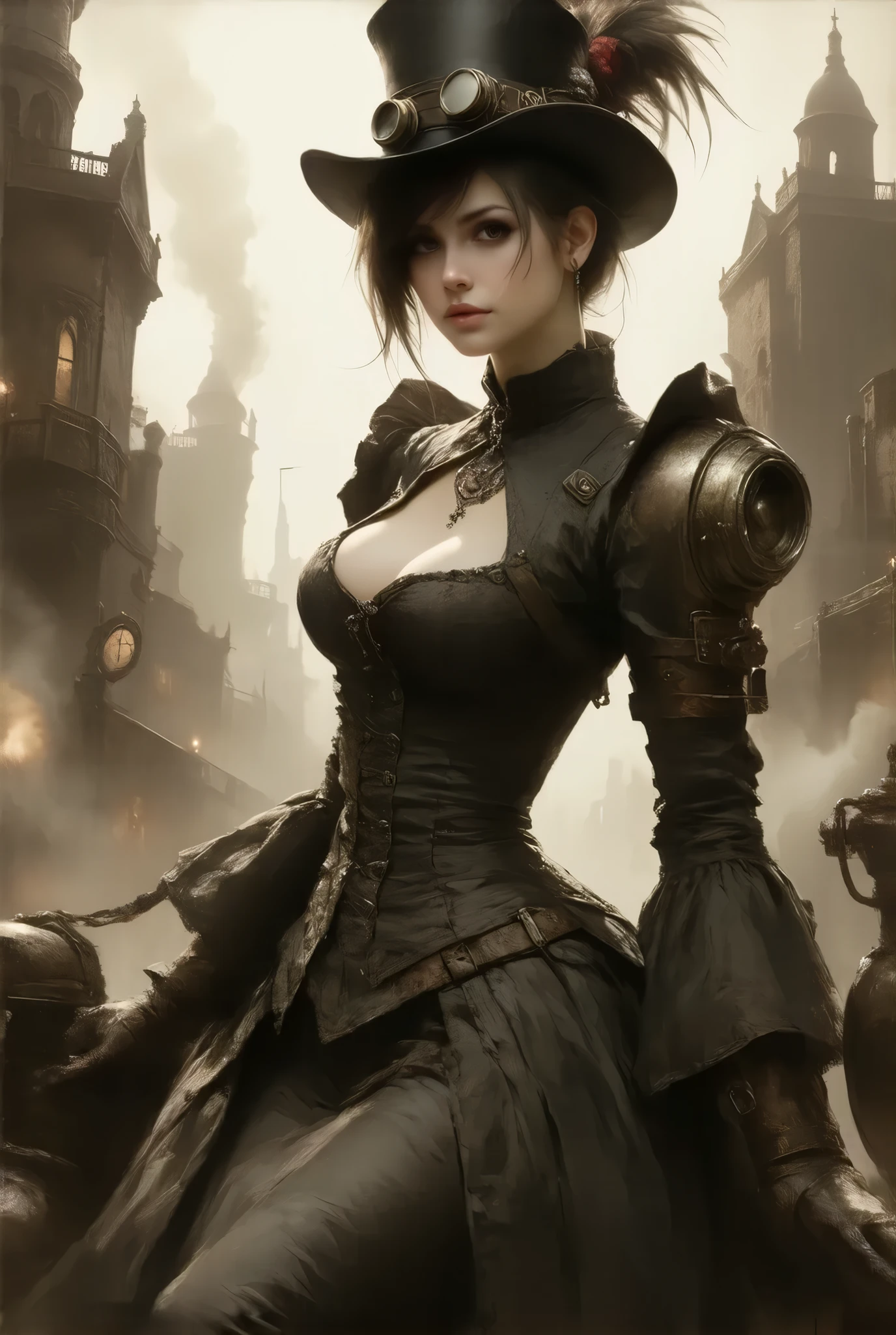 (:1.2), (steampunk style, Sepia nostalgic painting style:1.3)、(((masterpiece)))、((highest quality))、(super detailed)、(CG illustration)、(so beautiful ))、cinematic light、(((one young lady in steampunk style gear equiped dress, final fantasy VII Tifa Lockhart))), (hat with mechanical gear and scope), ((large breasts:1.2), (huge breasts:1.2), (Uplifted and well-defined bust:1.2), (lifted chest:1.2), (perky breasts :1.2),(deep cleavage:1.4), riding on mechanical bike、  near future city,  brick building,  steampunk,  Rusty and heavy, Water vapor from the sewer , , Gear,,  skyscraper , Tower, Steam power, Steam pipe , Street lamp, ( Cinematic Lighting :0.8,  super detailed, bloom)