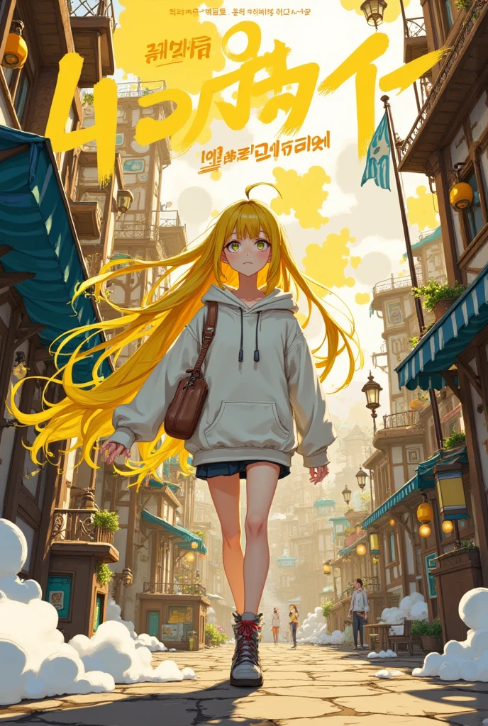 digital flyer, overlay text, caption overlayed on a character, anime style poster art, magazine top page, vector art background, 1girl, yellow hair, walking in steam punk city, smoky building there, sunny , magical city, misty, ancient structur object around,  ultra detailed animation, kawaii anime style, hoodie, bagy, bags under eyes,