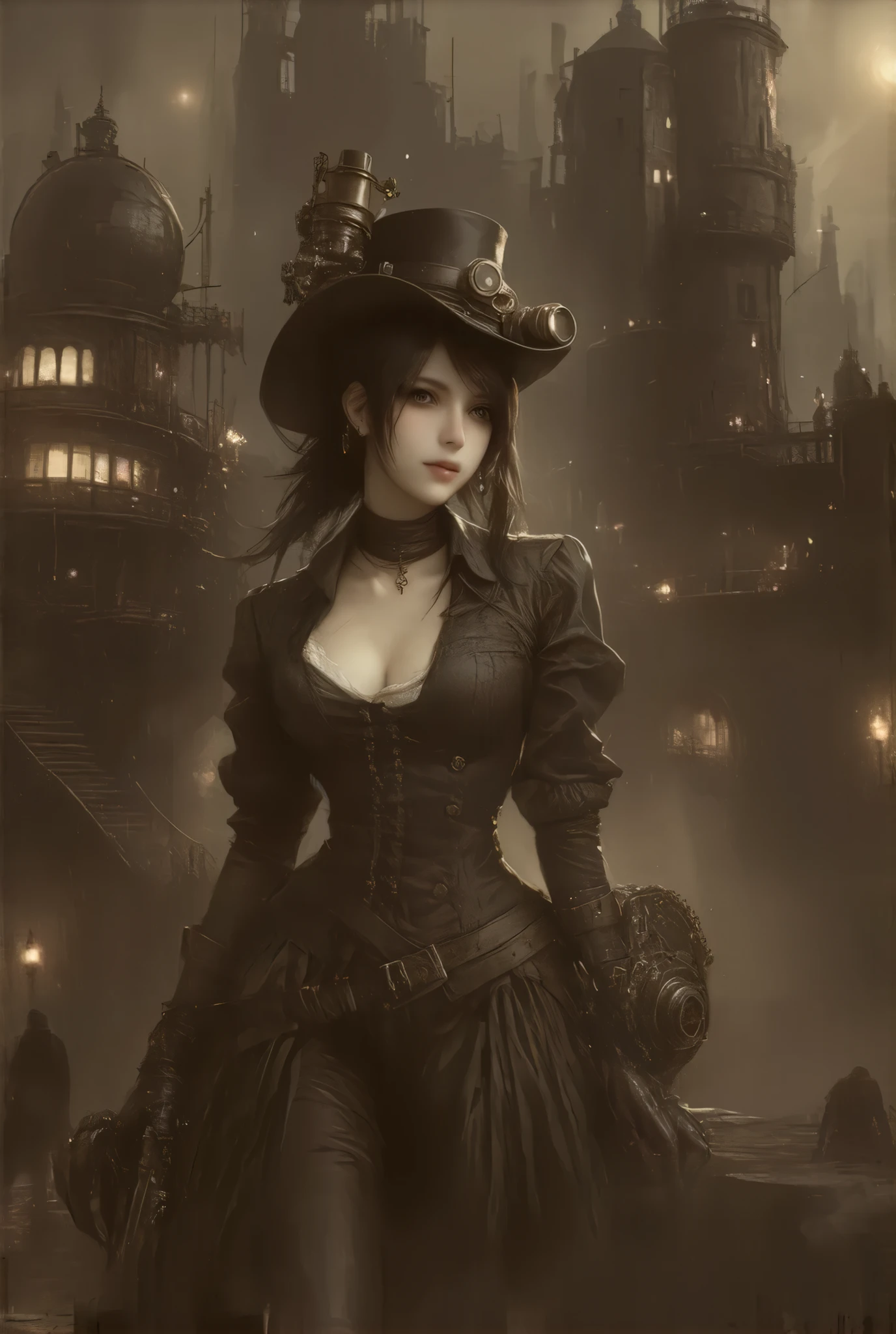 (:1.2), (steampunk style, Sepia nostalgic painting style:1.3)、(((masterpiece)))、((highest quality))、(super detailed)、(CG illustration)、(so beautiful ))、cinematic light、(((one young lady in steampunk style gear equiped dress, final fantasy VII Tifa Lockhart))), (hat with mechanical gear and scope), ((large breasts:1.2), (huge breasts:1.2), (Uplifted and well-defined bust:1.2), (lifted chest:1.2), (perky breasts :1.2),(deep cleavage:1.4), riding on mechanical bike、  near future city,  brick building,  steampunk,  Rusty and heavy, Water vapor from the sewer , , Gear,,  skyscraper , Tower, Steam power, Steam pipe , Street lamp, ( Cinematic Lighting :0.8,  super detailed, bloom)