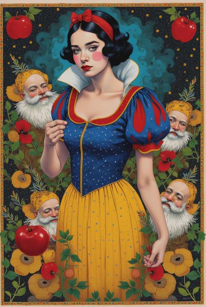  Snow White and the Seven Dwarfs,Hallucinatory Art 、 dmt Death of Ego 、 Psychedelic Horror 、 Highly Detailed Visionary Art 、 DMT Egodes 、 Shamanic Fears 、LSD art,Poisonous Plants , Poison and Disney Mix ,Poisoned Apple,