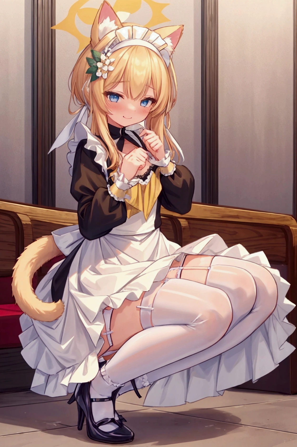  girl、Blonde、Animal Ears、Beast&#39;s Tail、 shy laugh 、 maid outfit 、 Maid's Headdress、 cafeteria 、Frills、ribbon、 white garter belt 、 high heels